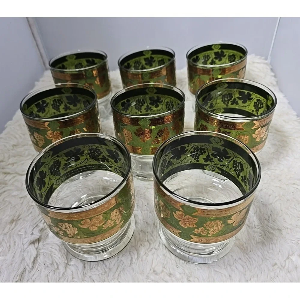 8 Cera Golden‎ Grapes Double Old Fashioned Footed Tumbler Glasses MCM Green Gold